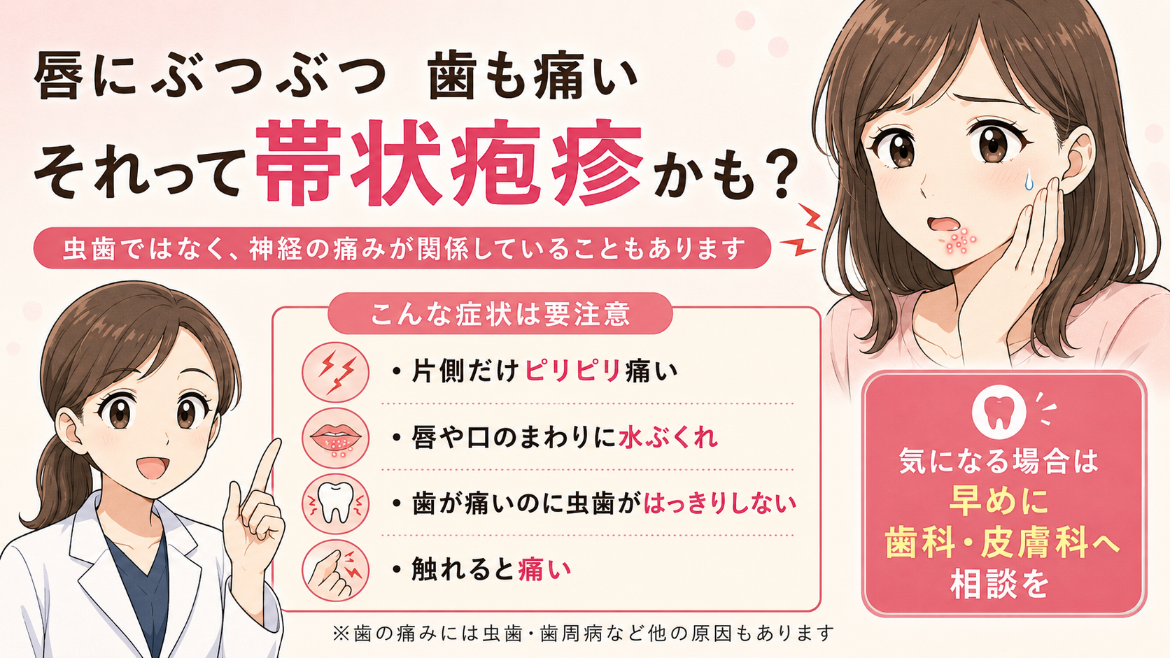 唇にぶつぶつ、歯も痛い。それって帯状疱疹かも？